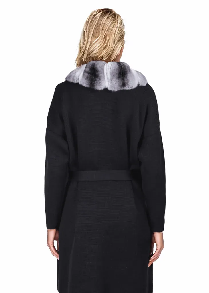 Black Chinchilla Fur Trim Cardigan Coat