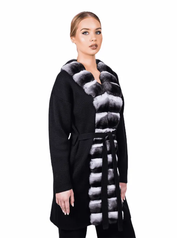 Black Chinchilla Fur Trim Coat