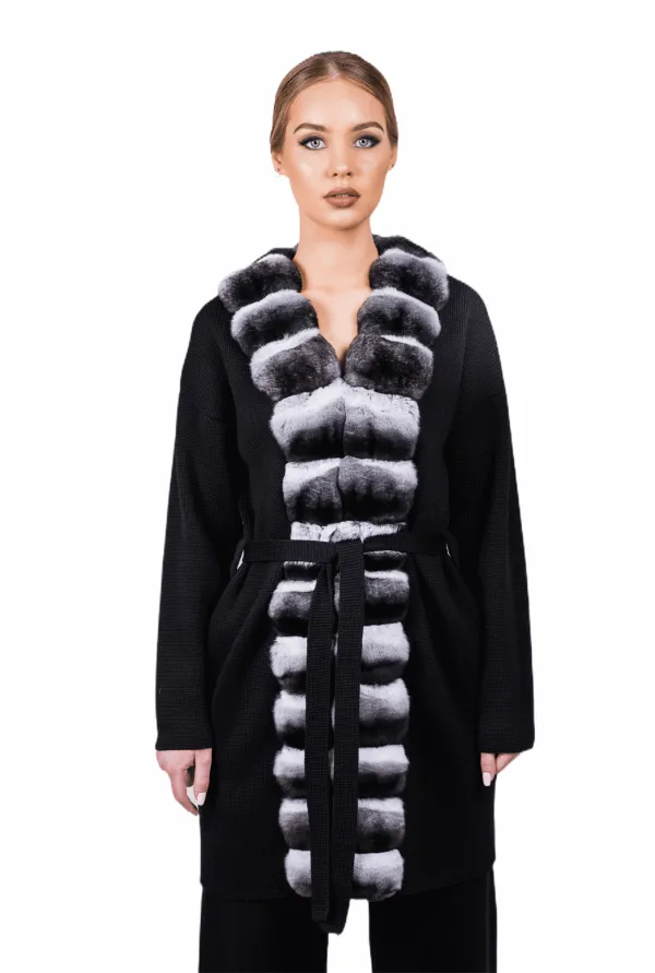 Black Chinchilla Fur Trim Coat