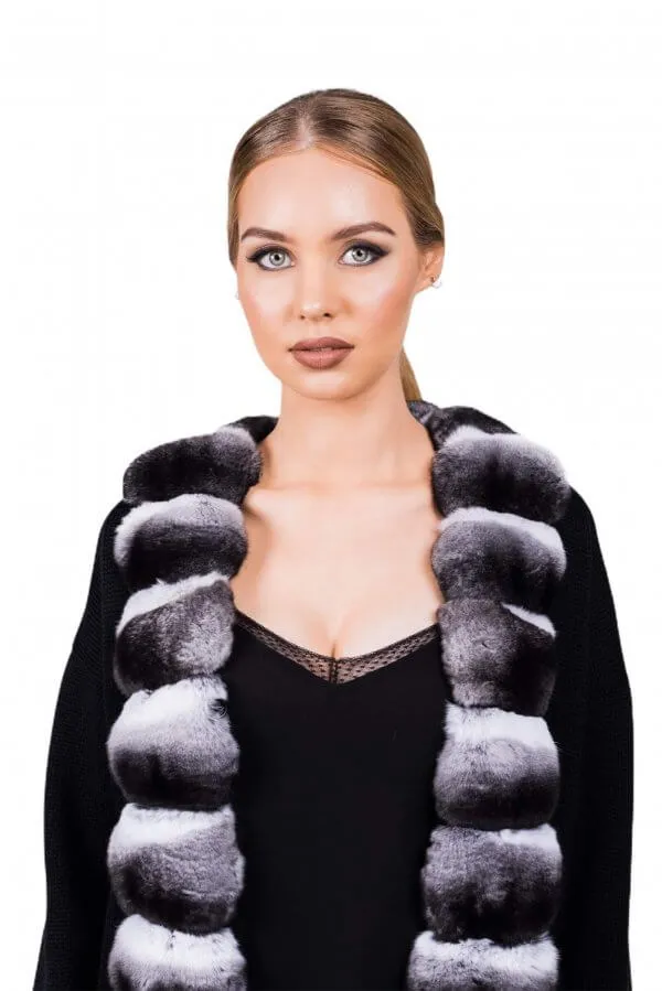 Black Chinchilla Fur Trim Coat