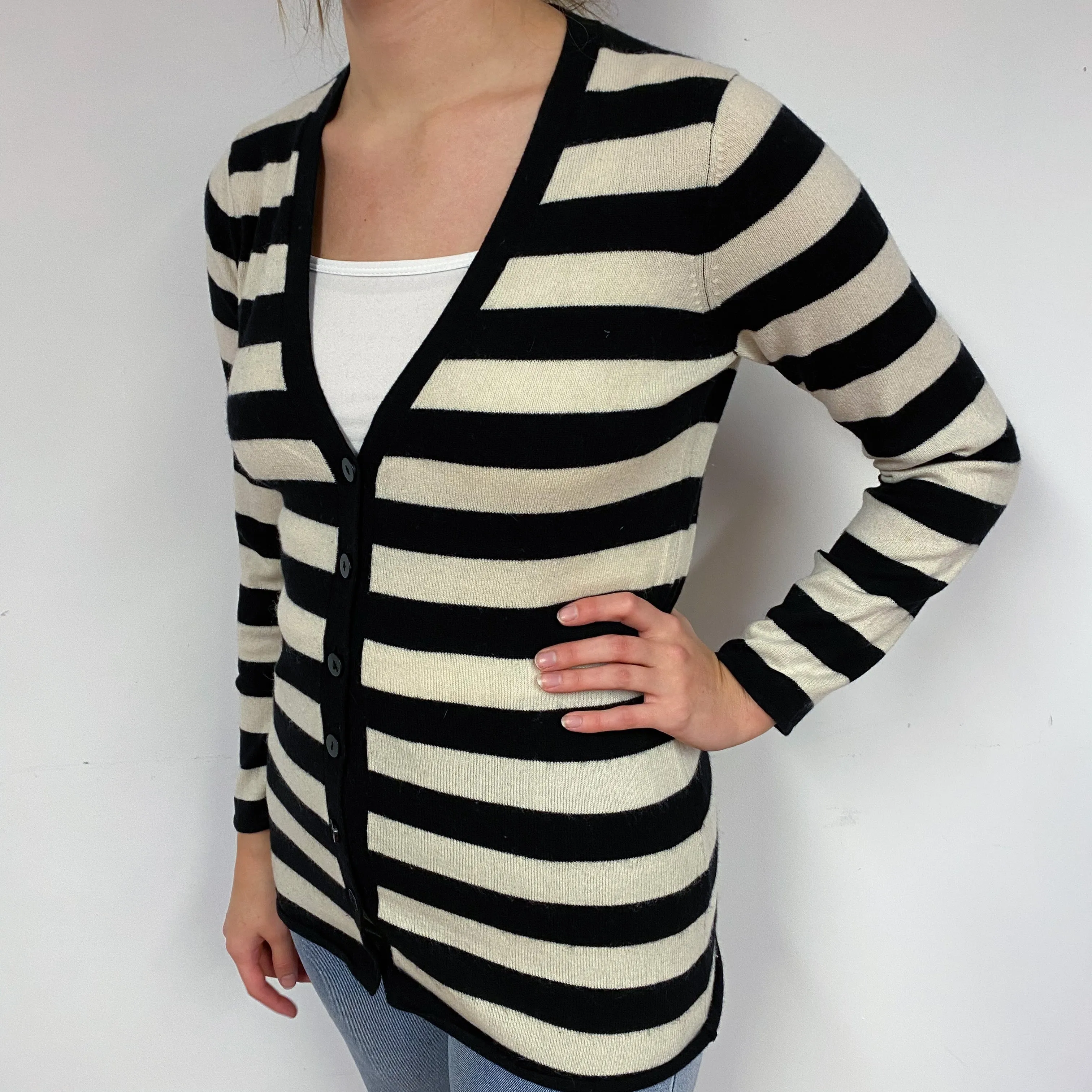 Black Cream Stripe Cashmere V-Neck Cardigan Small