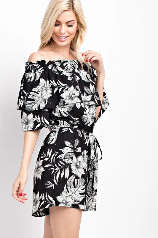 Black Floral Printed Off Shoulder Romper Tropical Casual Ruffle