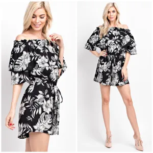 Black Floral Printed Off Shoulder Romper Tropical Casual Ruffle