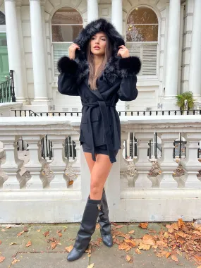 Black/Black Cashmere Coat With Faux Fur Trim