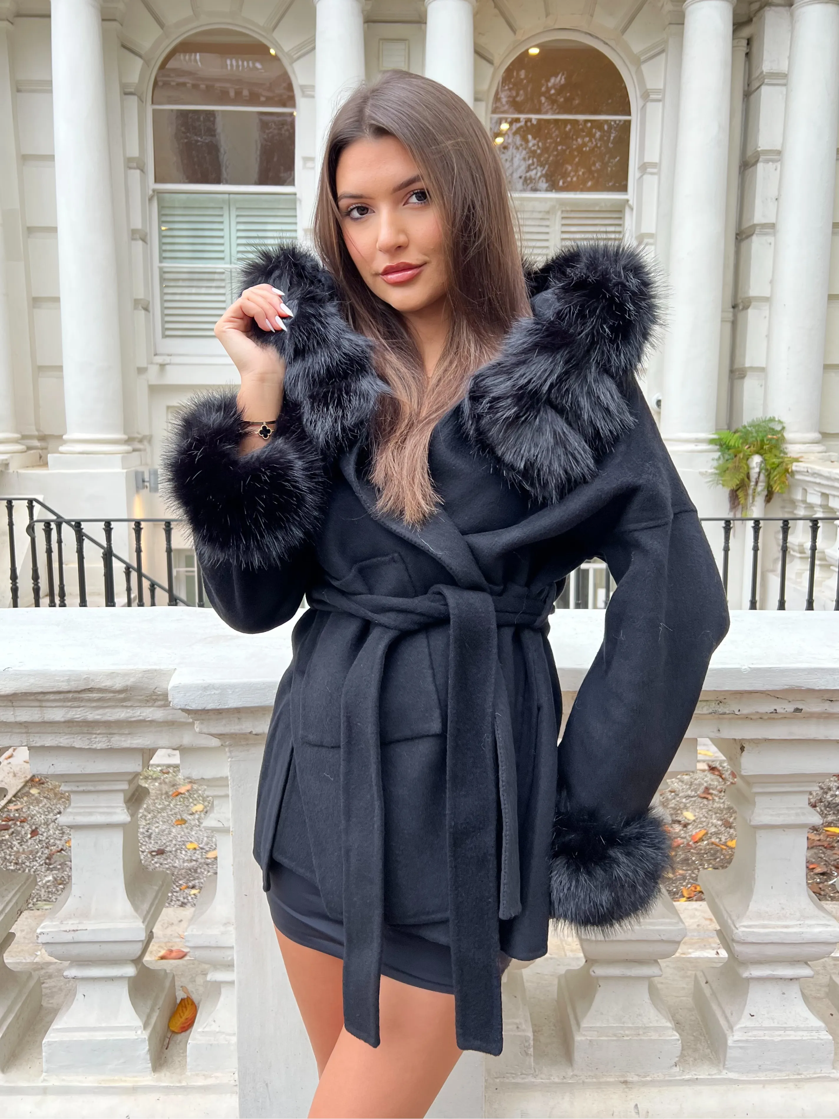 Black/Black Cashmere Coat With Faux Fur Trim