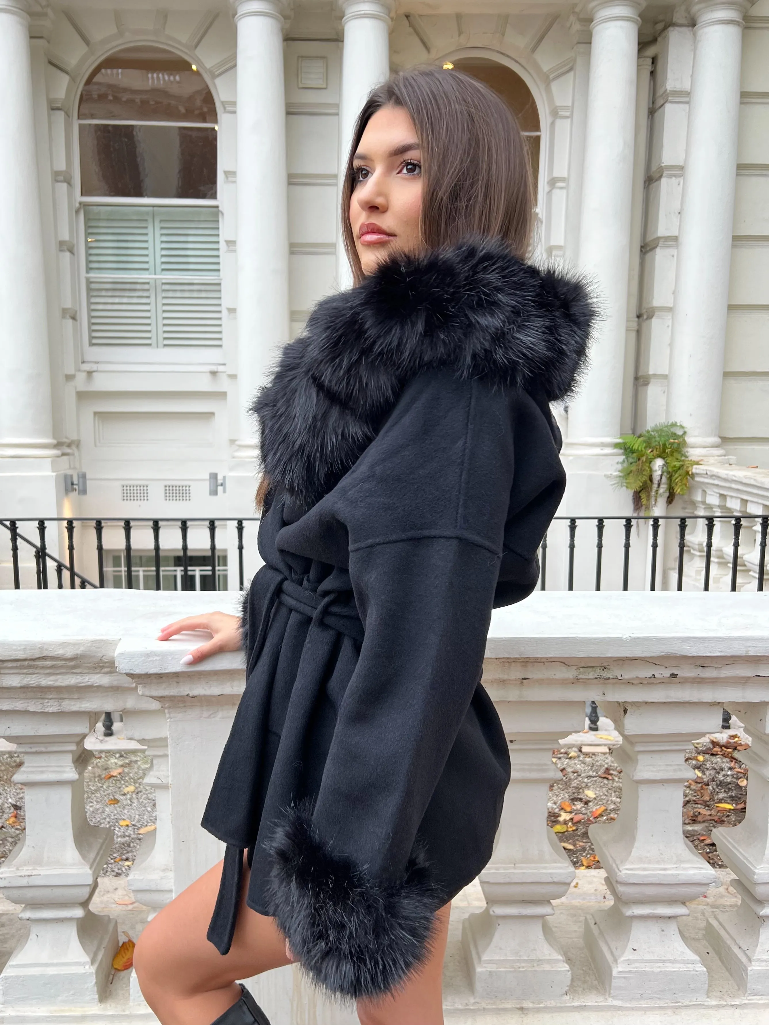 Black/Black Cashmere Coat With Faux Fur Trim