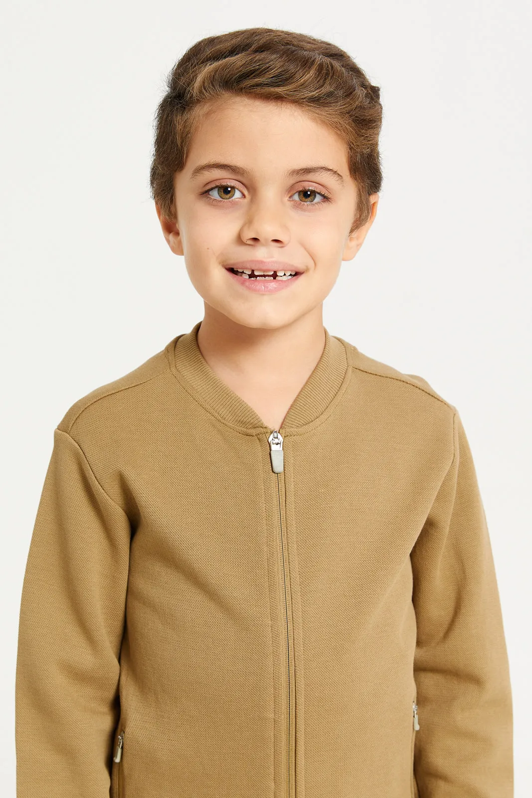 Boys Brown Front Zipper Sweatshirt