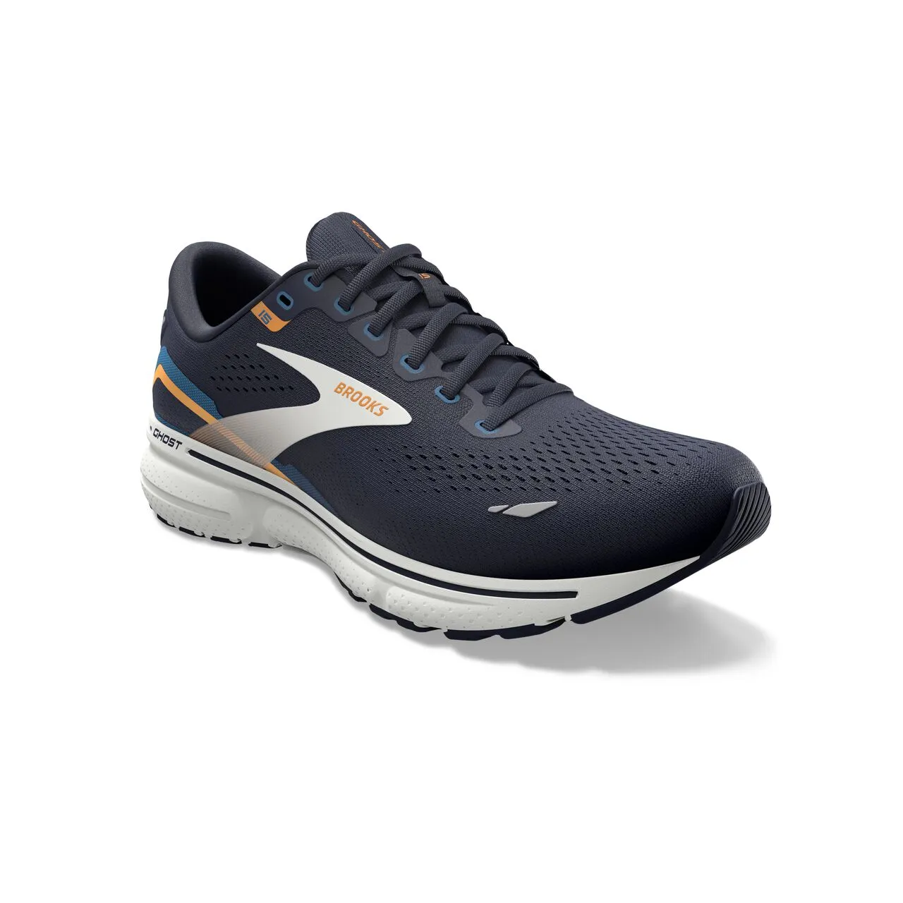 Brooks Ghost 15 Wide (Mens) - Peacoat/Blue/Orange Pop