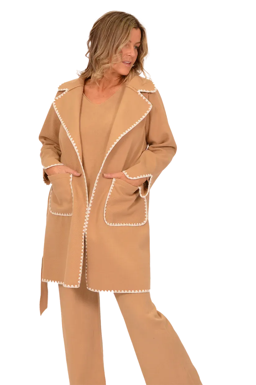 Camel Tie Front Coat with White Trim