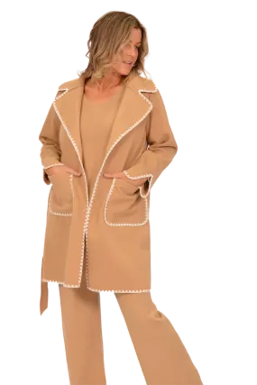 Camel Tie Front Coat with White Trim