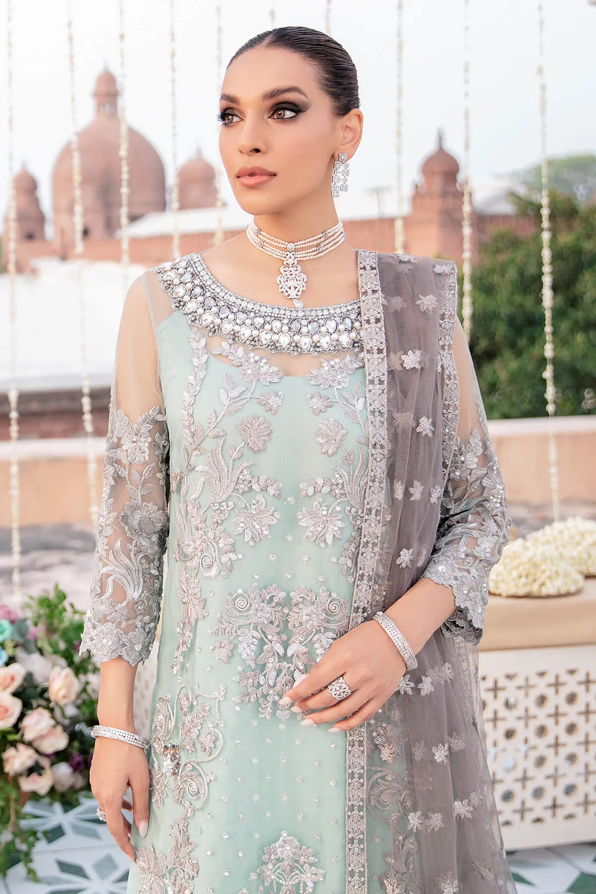 Celeste Blue Heavily Embroidered Traditional Pakistani Kameez Salwar Suit