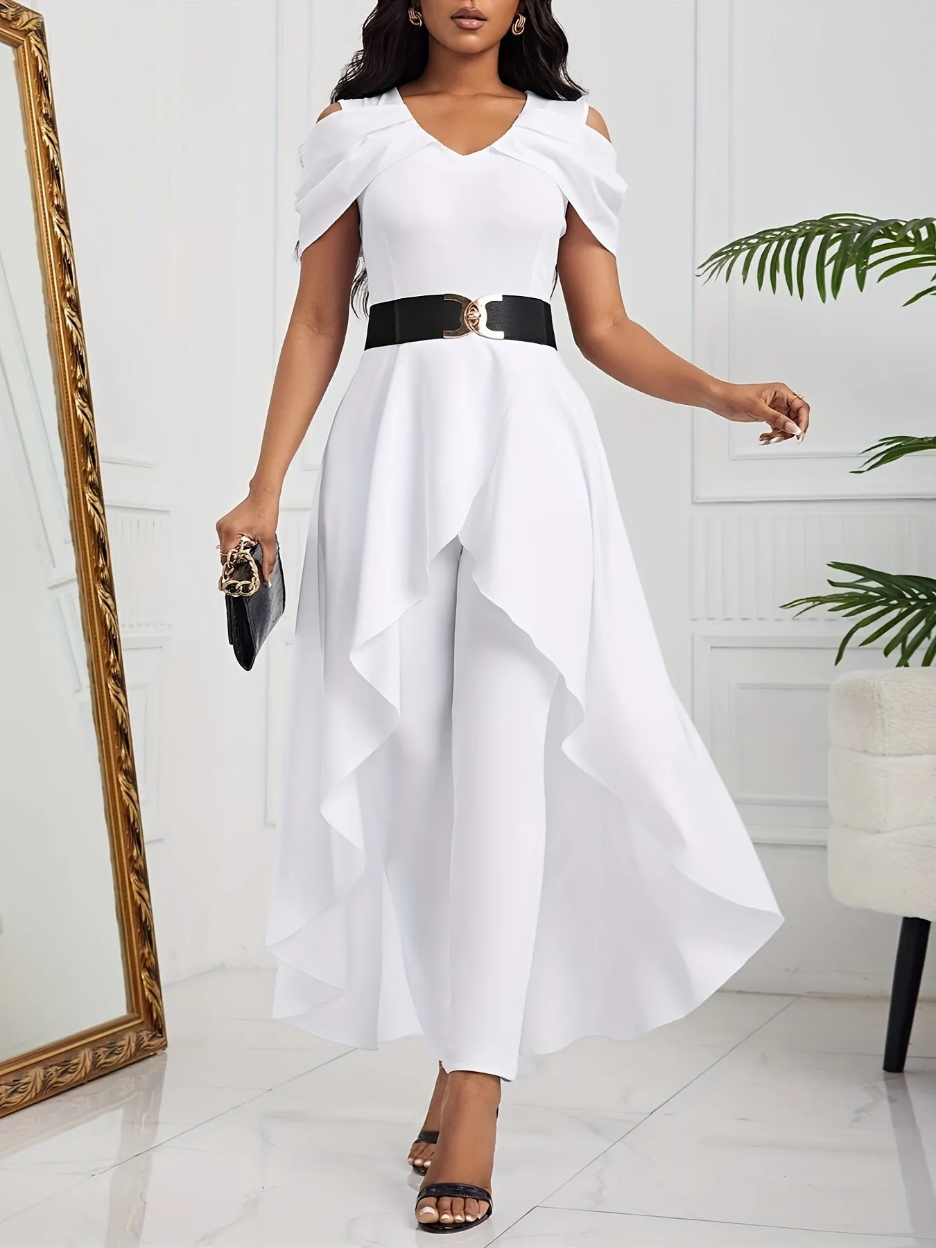 Chic Solid Cold Shoulder Jumpsuit - Flattering V-Neck, Short Sleeves with Flowy Overskirt - Perfect Casual Womens Clothing for Everyday Style