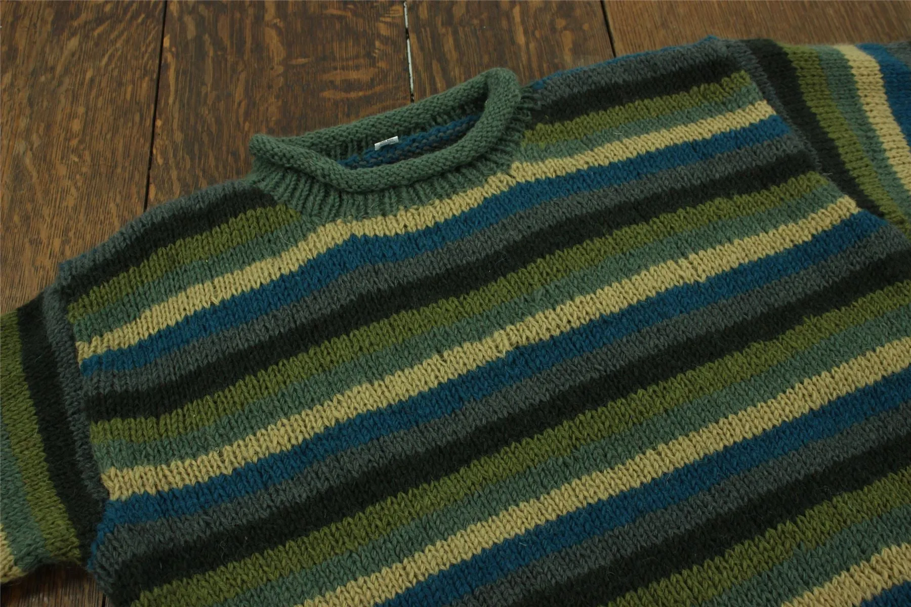 Chunky Wool Knit Jumper - Stripe Green Blue