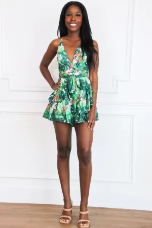 Coastal Getaway Tropical Print Romper: Green/White Multi