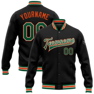 Custom Black Kelly Green-Orange Bomber Full-Snap Varsity Letterman Jacket