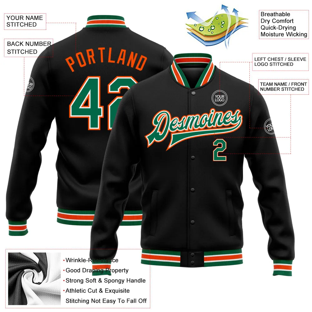 Custom Black Kelly Green-Orange Bomber Full-Snap Varsity Letterman Jacket