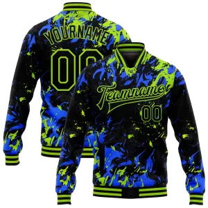 Custom Black Neon Green-Royal 3D Pattern Design Bomber Full-Snap Varsity Letterman Jacket