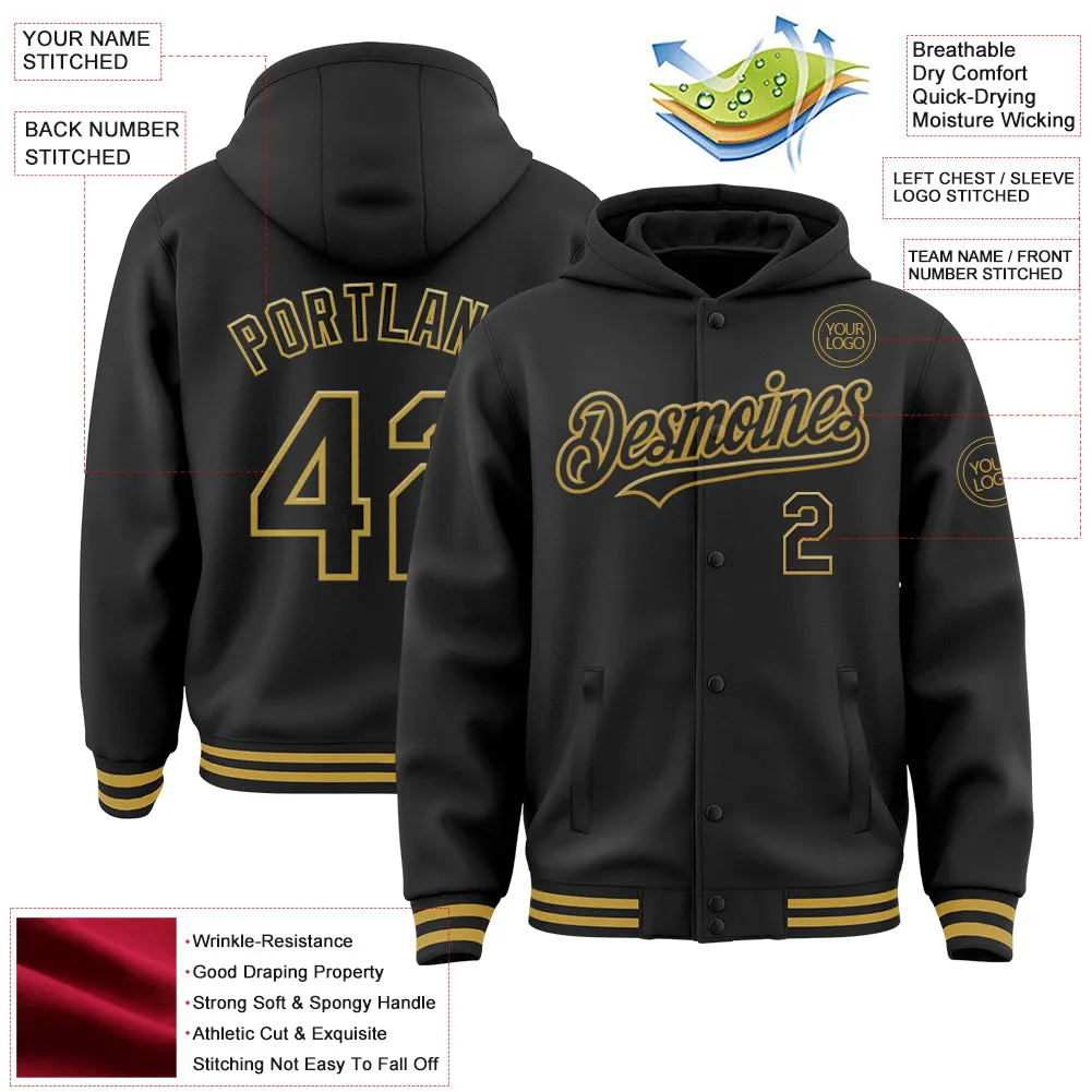 Custom Black Old Gold Bomber Full-Snap Varsity Letterman Hoodie Jacket