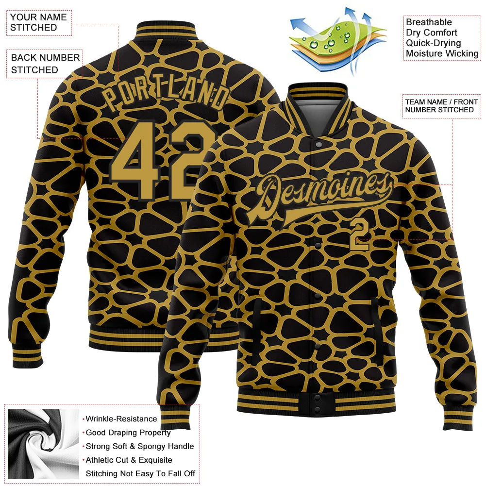 Custom Black Old Gold Spotted 3D Pattern Design Bomber Full-Snap Varsity Letterman Jacket