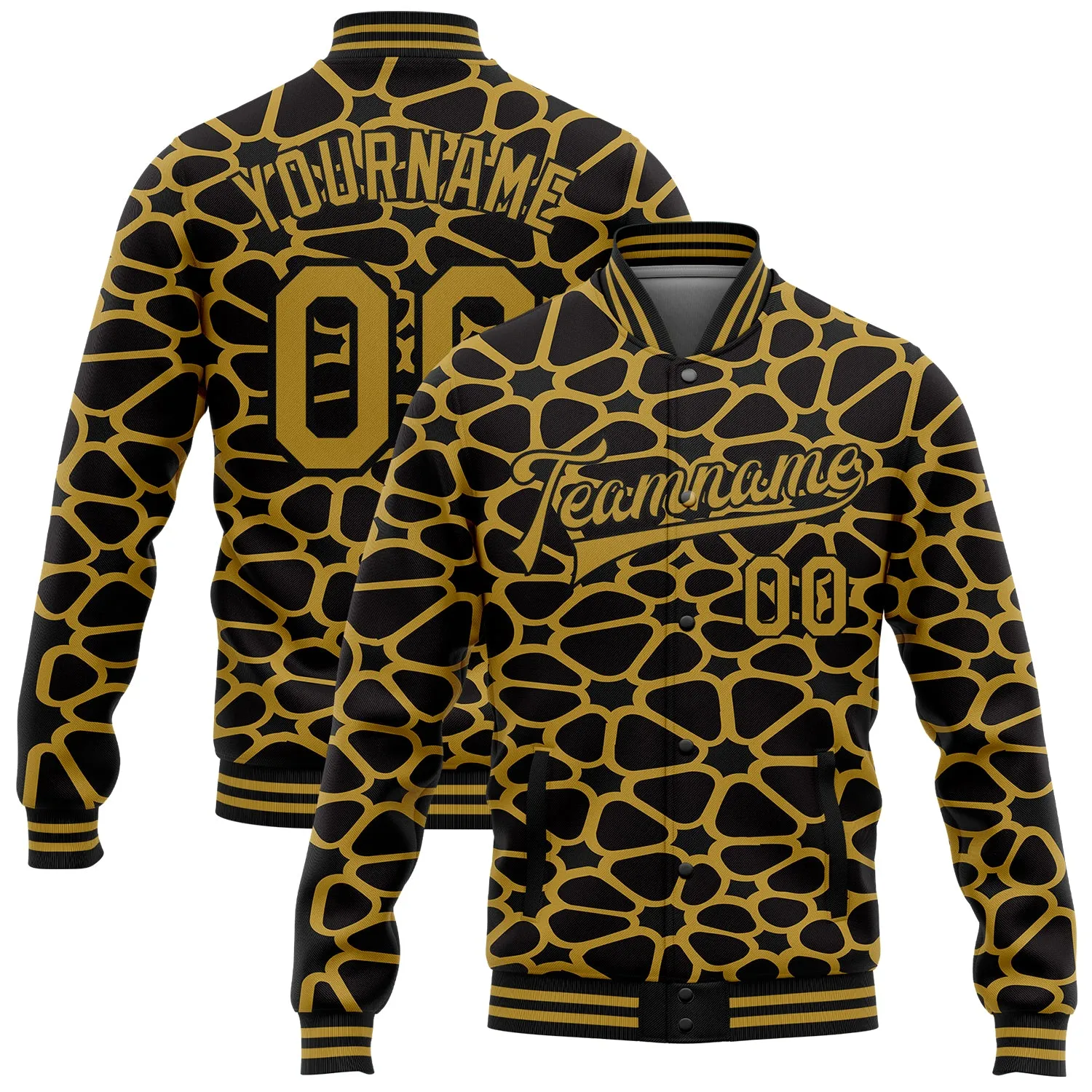 Custom Black Old Gold Spotted 3D Pattern Design Bomber Full-Snap Varsity Letterman Jacket