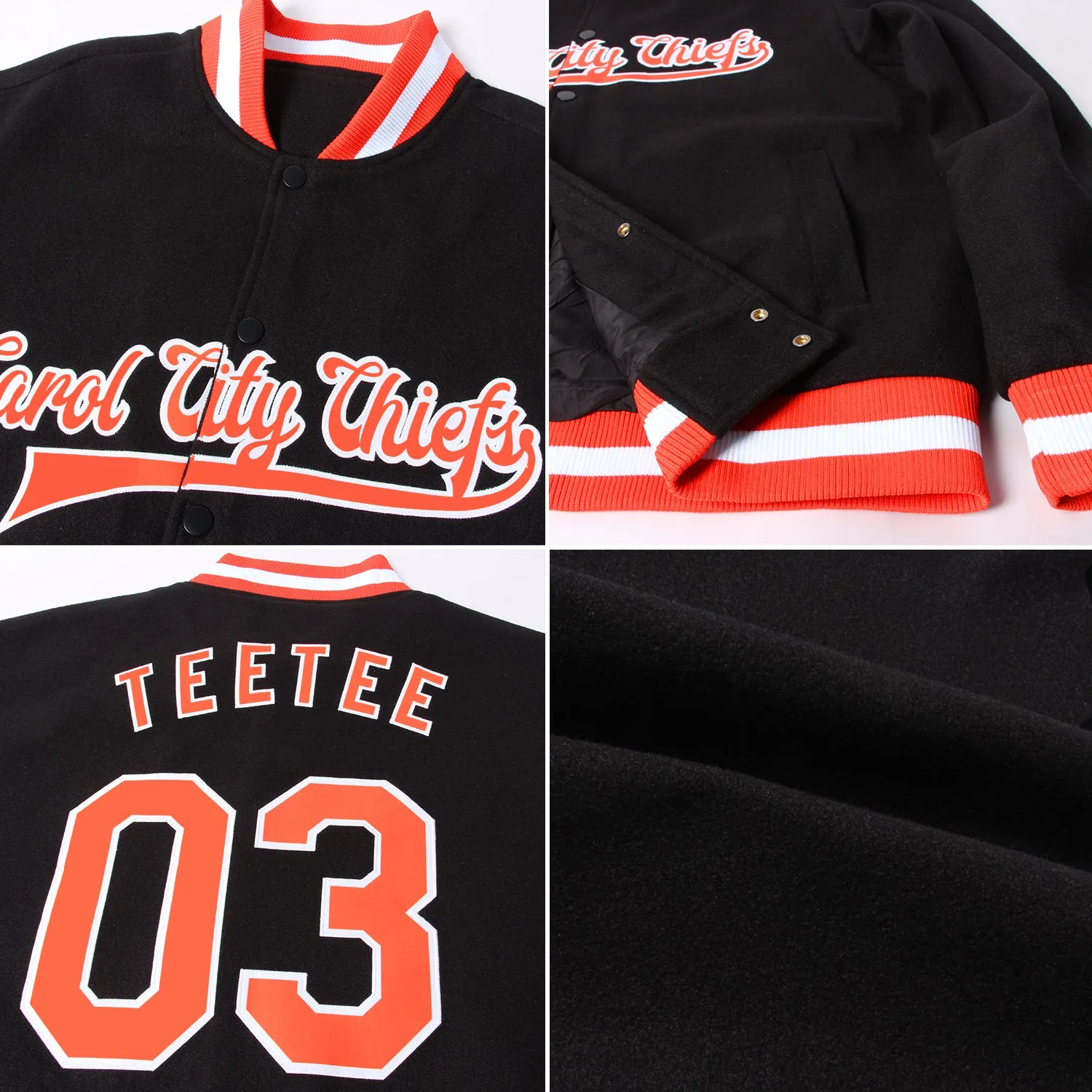 Custom Black Orange-White Bomber Full-Snap Varsity Letterman Jacket