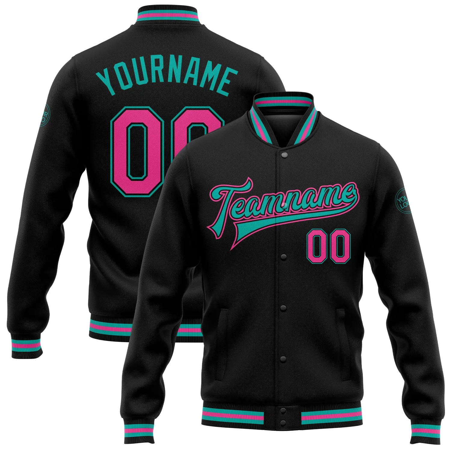 Custom Black Pink-Aqua Bomber Full-Snap Varsity Letterman Jacket