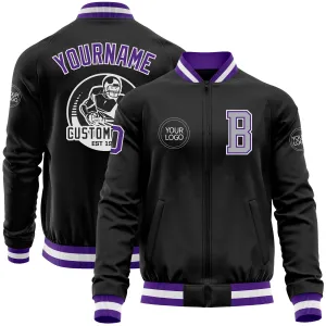 Custom Black Purple-Gray Bomber Varsity Letterman Zipper Jacket