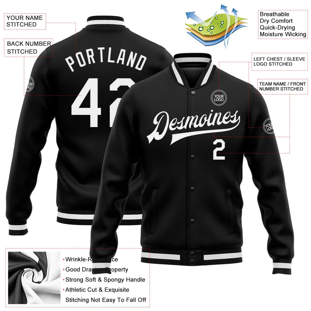 Custom Black White Bomber Full-Snap Varsity Letterman Jacket