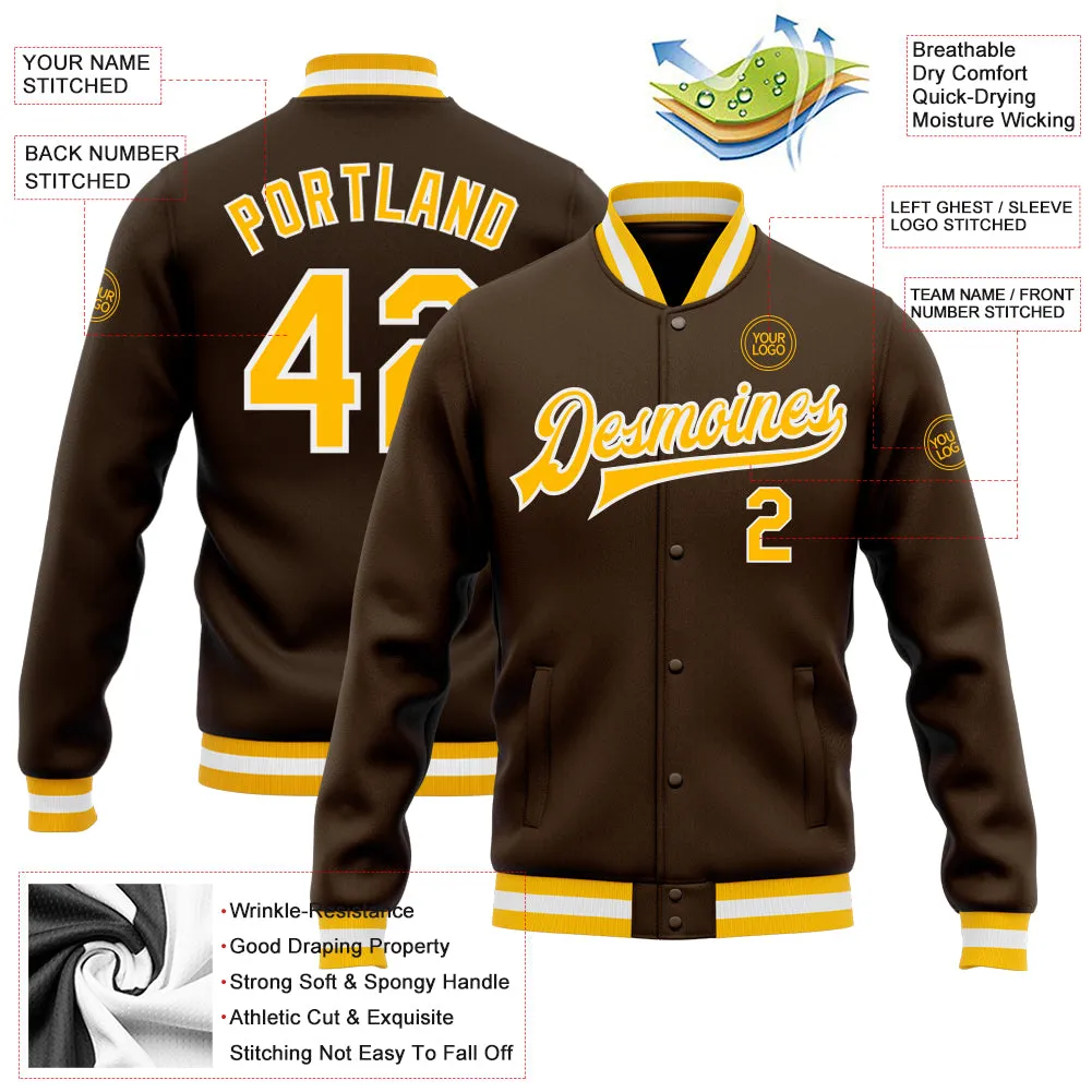 Custom Brown Gold-White Bomber Full-Snap Varsity Letterman Jacket