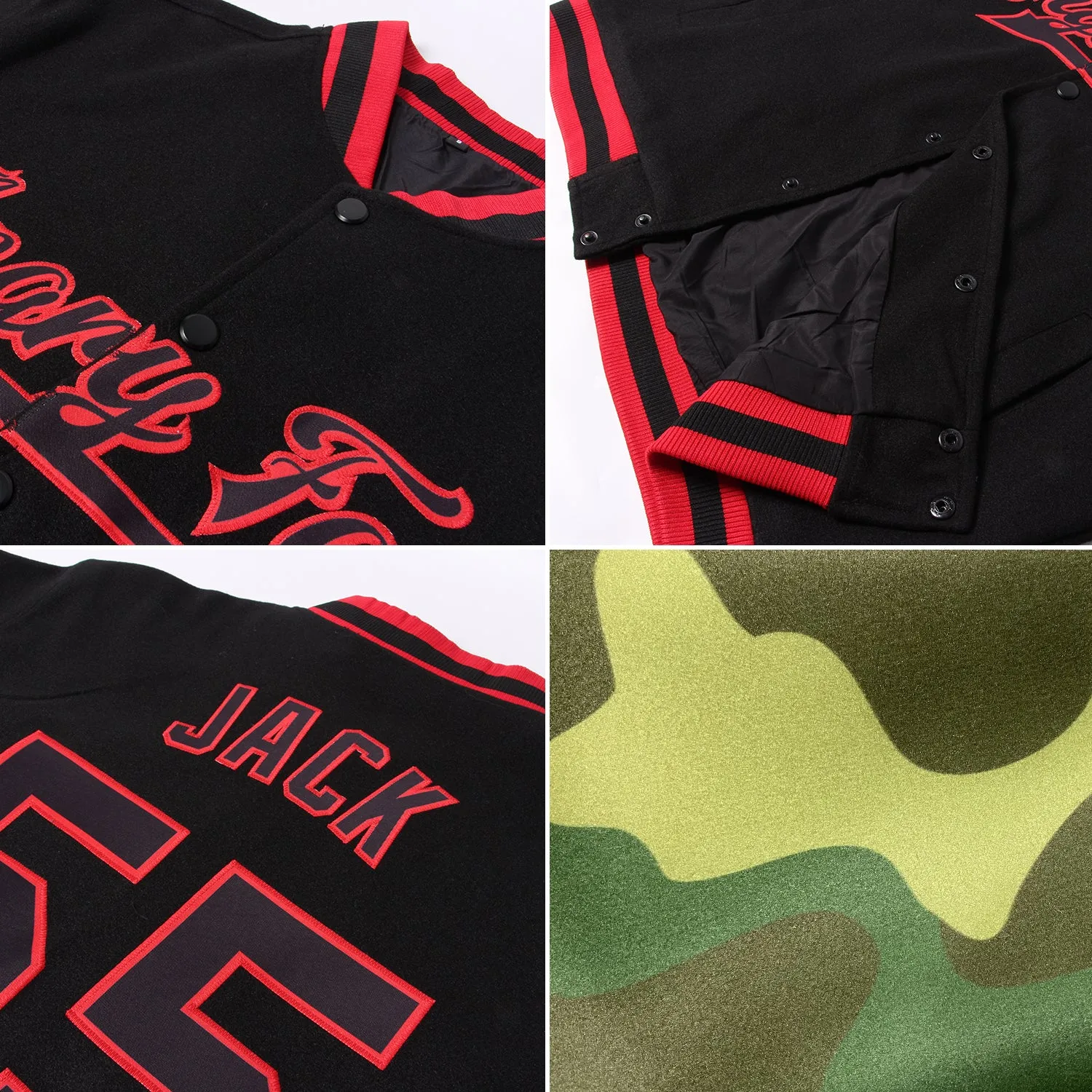 Custom Camo Red-White Bomber Full-Snap Varsity Letterman Salute To Service Jacket