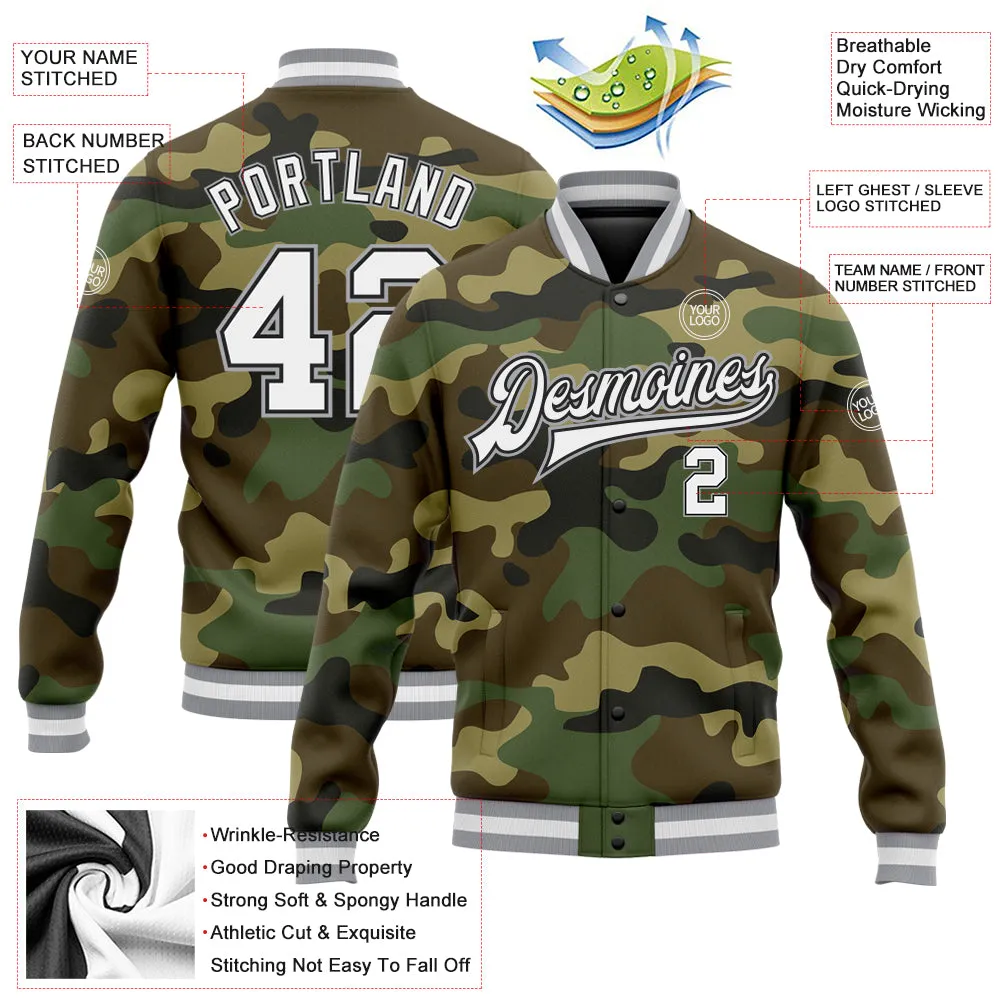 Custom Camo White Black-Gray Bomber Full-Snap Varsity Letterman Salute To Service Jacket