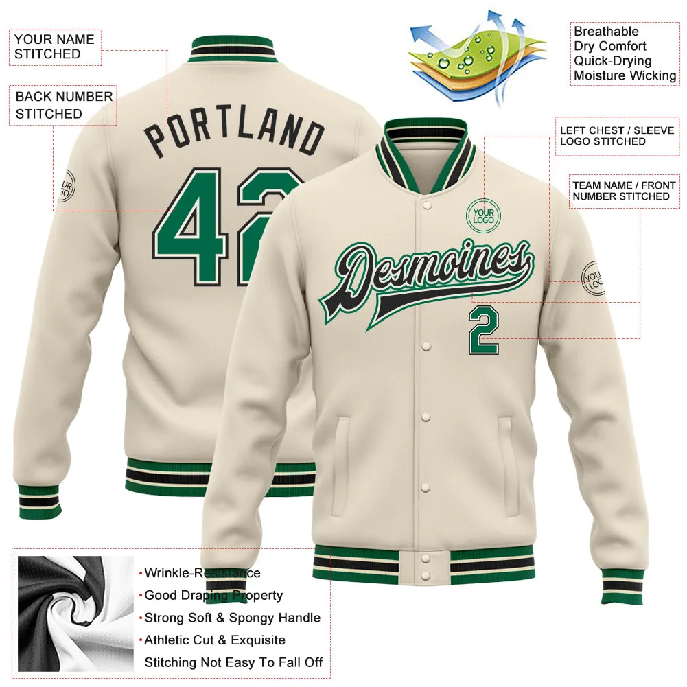 Custom Cream Kelly Green-Black Bomber Full-Snap Varsity Letterman Jacket