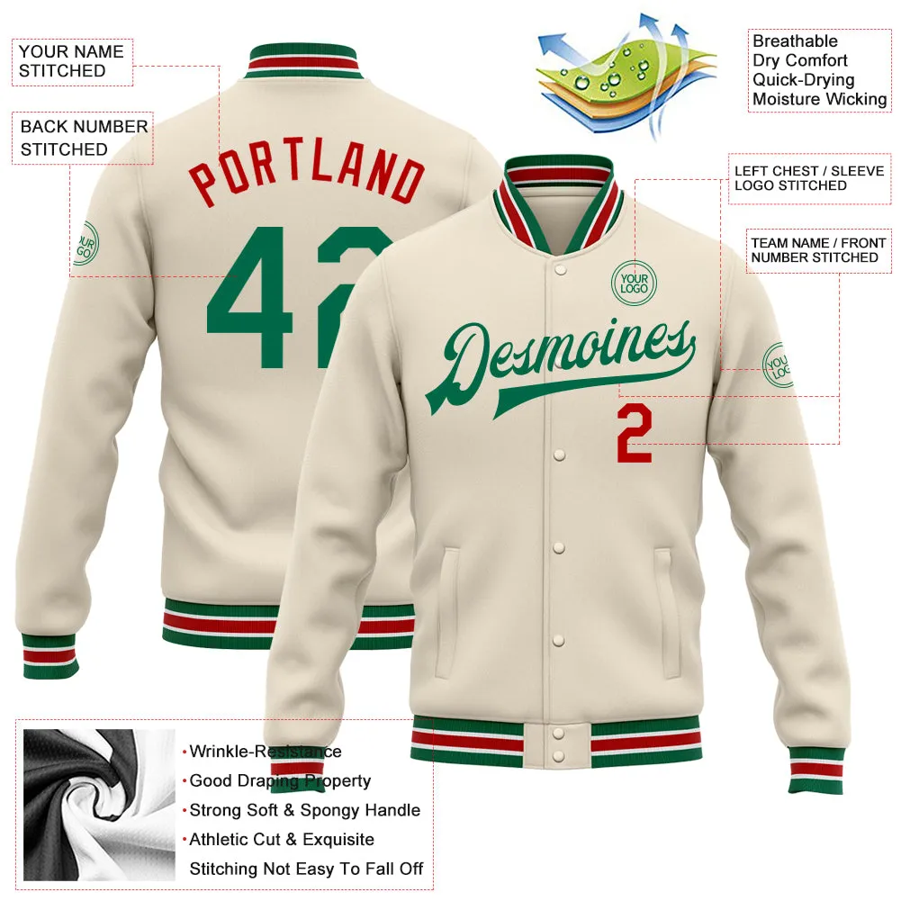 Custom Cream Kelly Green-Red Bomber Full-Snap Varsity Letterman Jacket