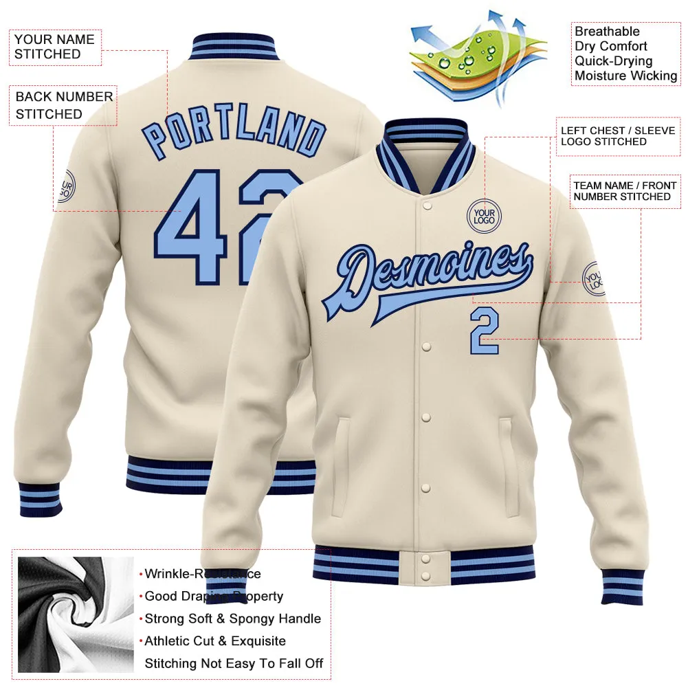 Custom Cream Light Blue-Navy Bomber Full-Snap Varsity Letterman Jacket