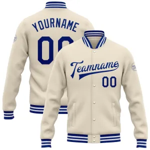 Custom Cream Royal-White Bomber Full-Snap Varsity Letterman Jacket