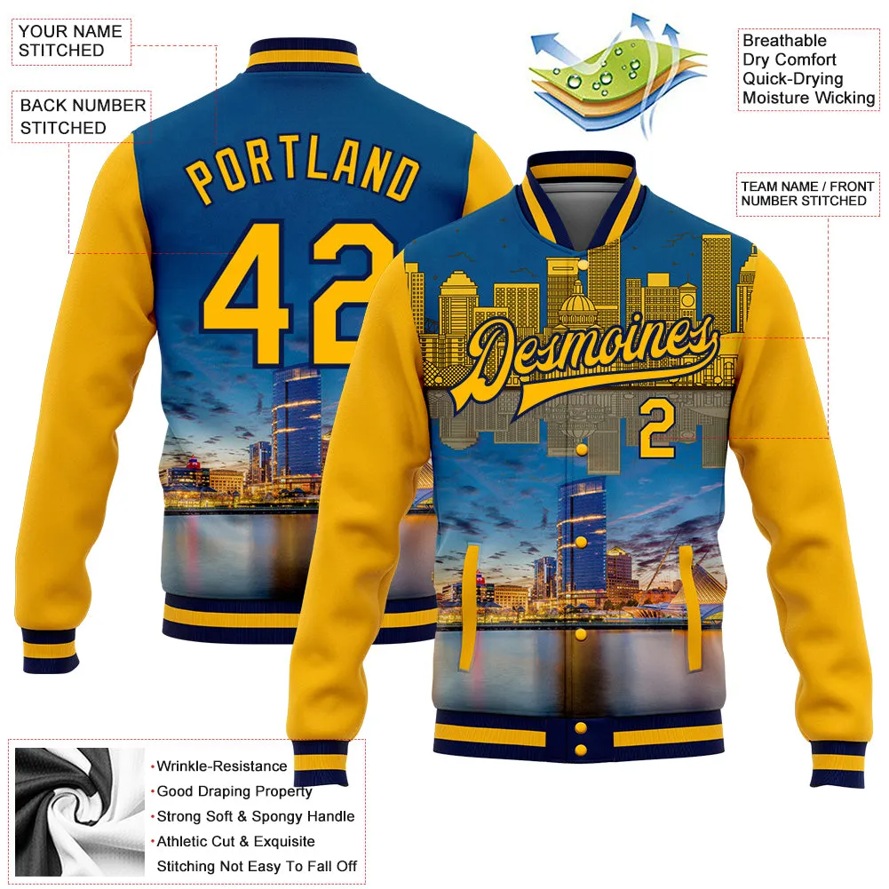 Custom Gold Navy Milwaukee Wisconsin City Edition 3D Bomber Full-Snap Varsity Letterman Jacket