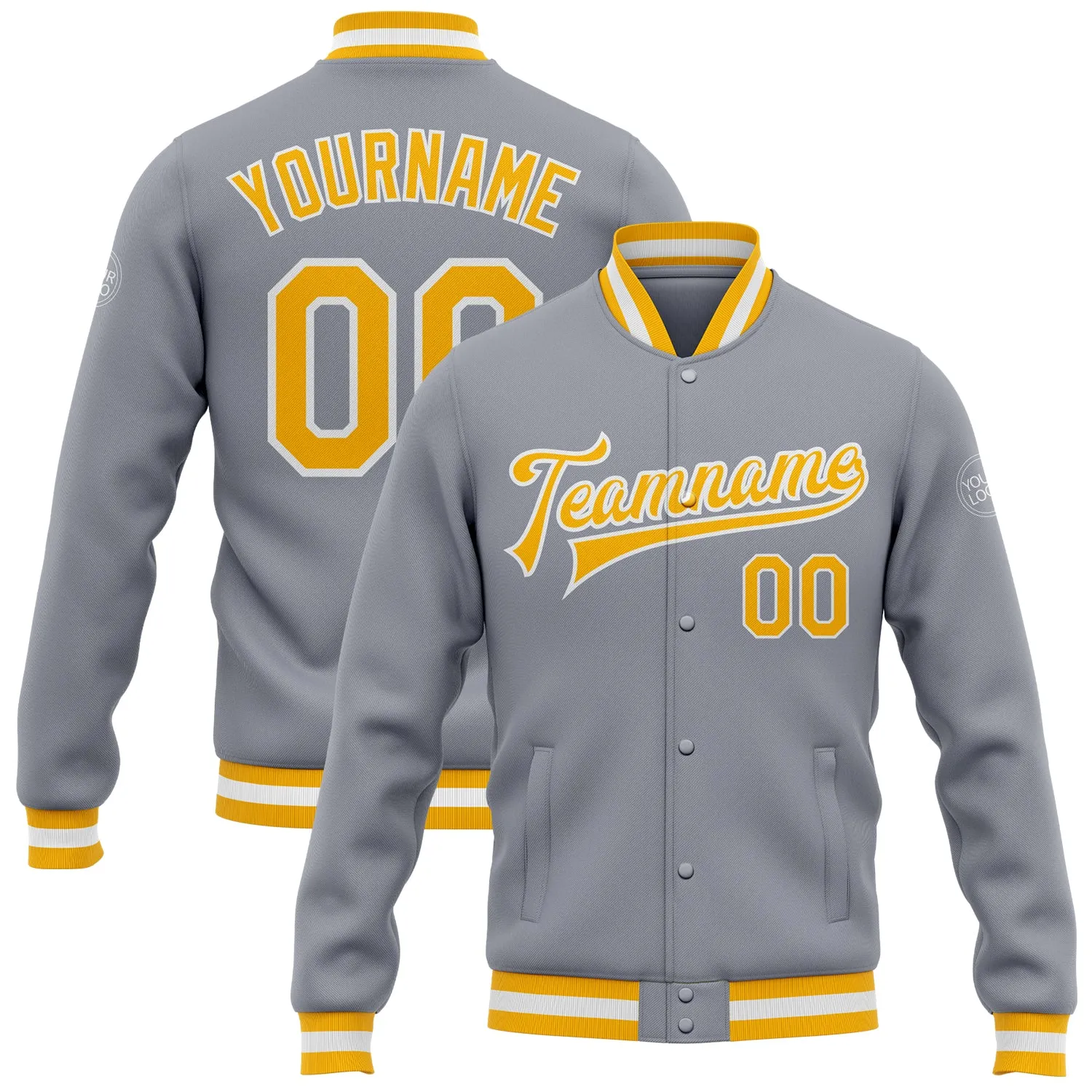 Custom Gray Gold-White Bomber Full-Snap Varsity Letterman Jacket