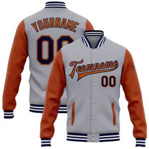 Custom Gray Navy-Texas Orange Bomber Full-Snap Varsity Letterman Two Tone Jacket