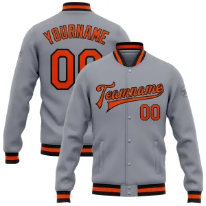 Custom Gray Orange-Black Bomber Full-Snap Varsity Letterman Jacket