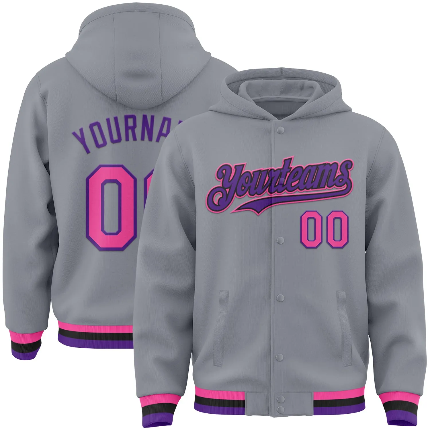 Custom Gray Pink Purple-Black Bomber Full-Snap Varsity Letterman Hoodie Jacket