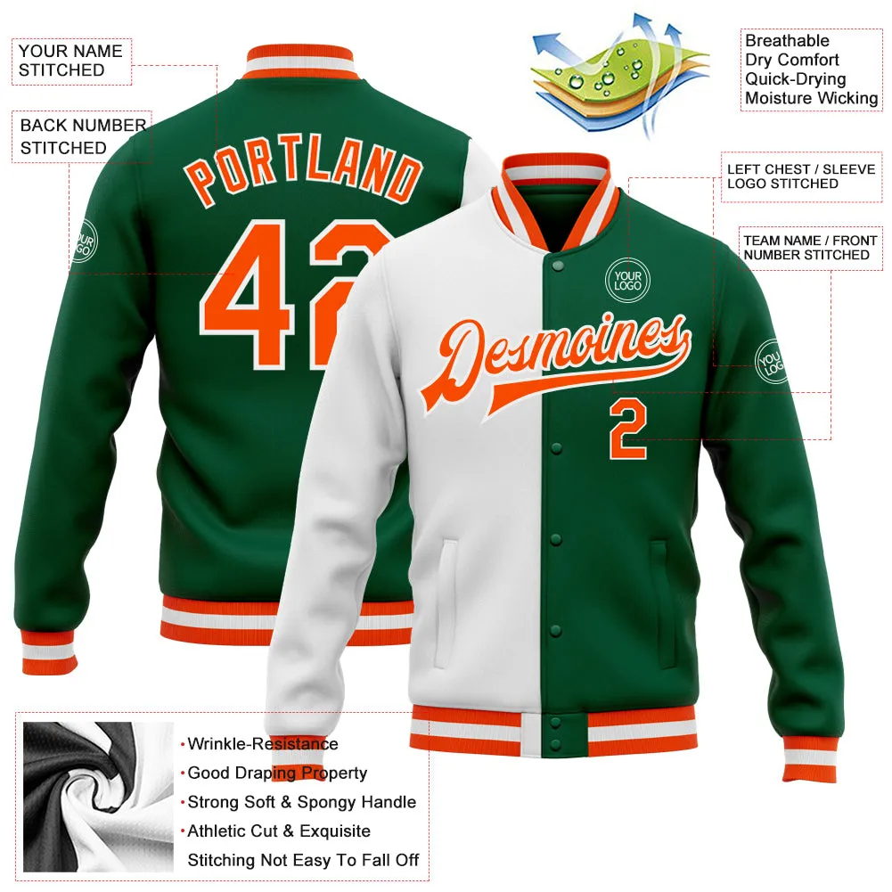 Custom Kelly Green Orange-White Bomber Full-Snap Varsity Letterman Split Fashion Jacket