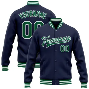 Custom Navy Kelly Green-White Bomber Full-Snap Varsity Letterman Jacket