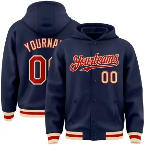 Custom Navy Red-Cream Bomber Full-Snap Varsity Letterman Hoodie Jacket