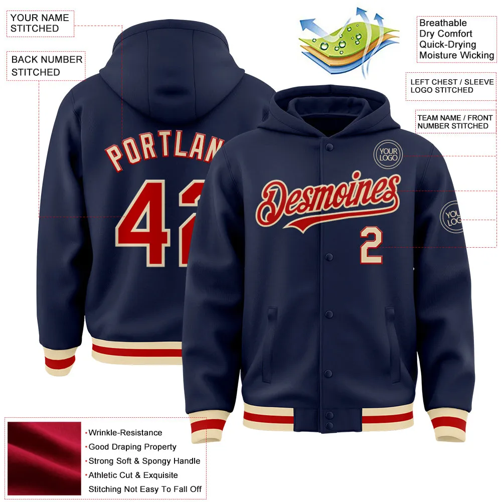 Custom Navy Red-Cream Bomber Full-Snap Varsity Letterman Hoodie Jacket