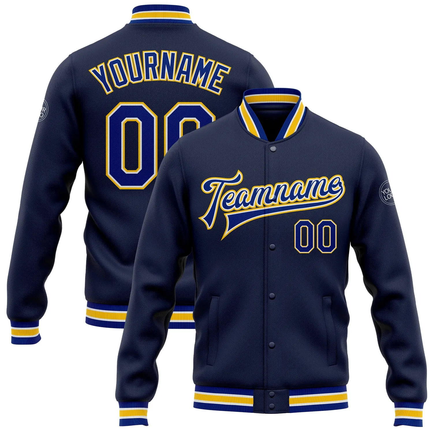 Custom Navy Royal-Yellow Bomber Full-Snap Varsity Letterman Jacket