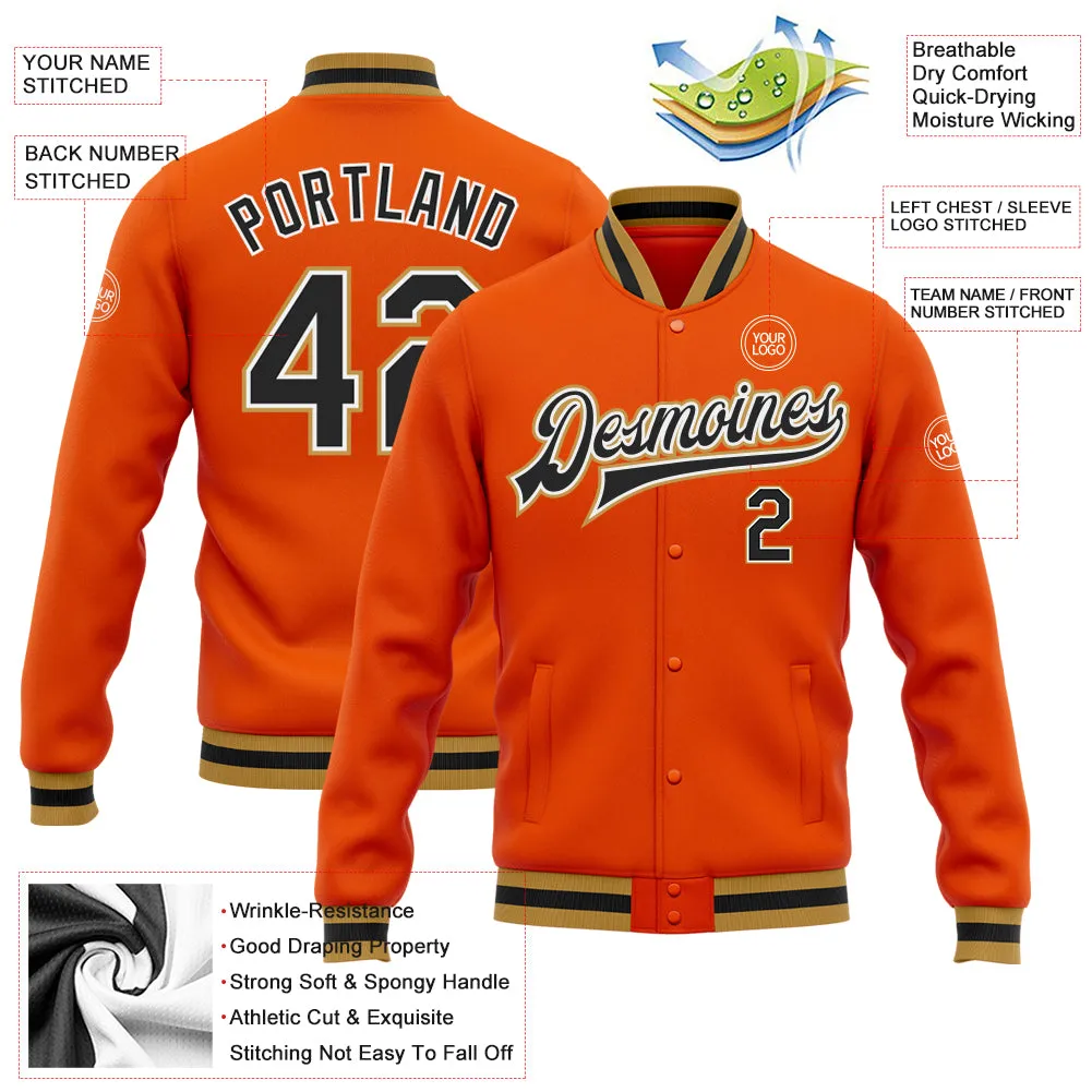 Custom Orange Black-Old Gold Bomber Full-Snap Varsity Letterman Jacket