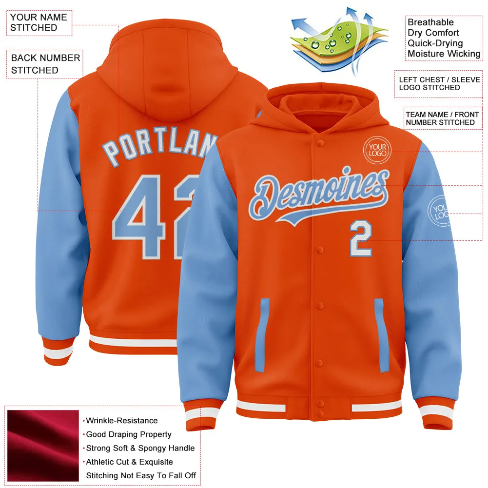 Custom Orange Light Blue-White Bomber Full-Snap Varsity Letterman Two Tone Hoodie Jacket