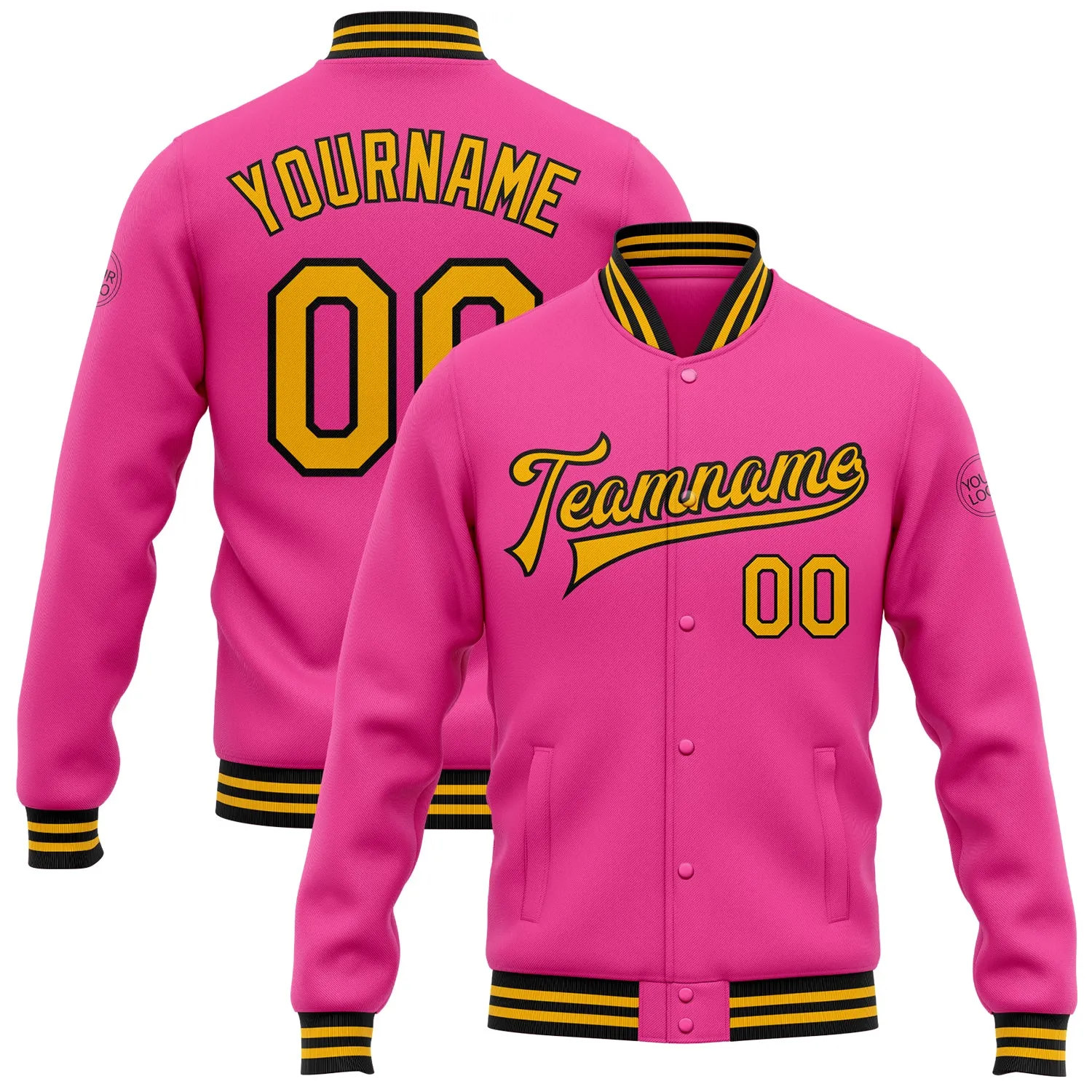 Custom Pink Gold-Black Bomber Full-Snap Varsity Letterman Jacket