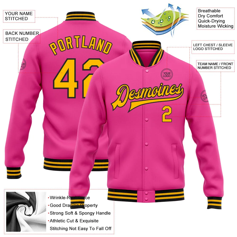 Custom Pink Gold-Black Bomber Full-Snap Varsity Letterman Jacket