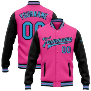 Custom Pink Sky Blue-Black Bomber Full-Snap Varsity Letterman Two Tone Jacket